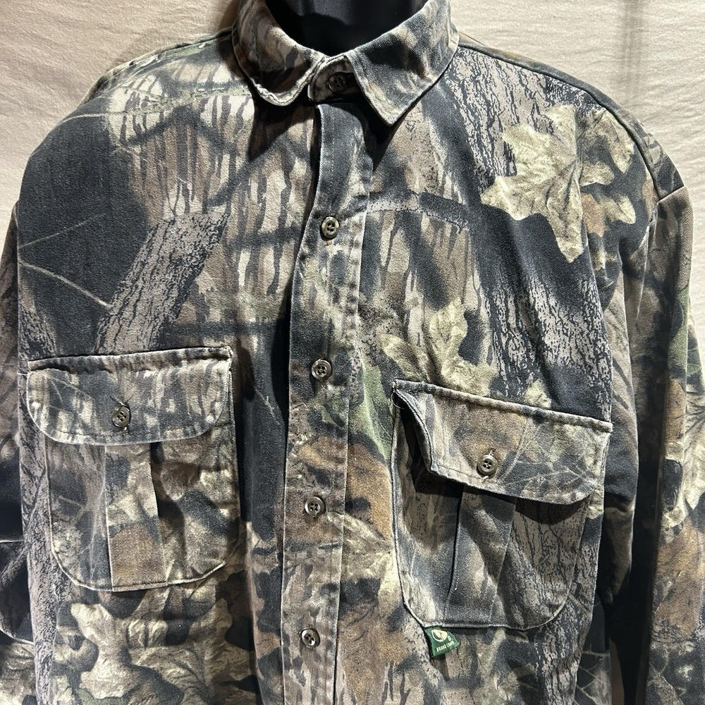 Vintage Mossy Oak Break Up Camo Button Down Shirt Mens Large Made in USA Hunting
